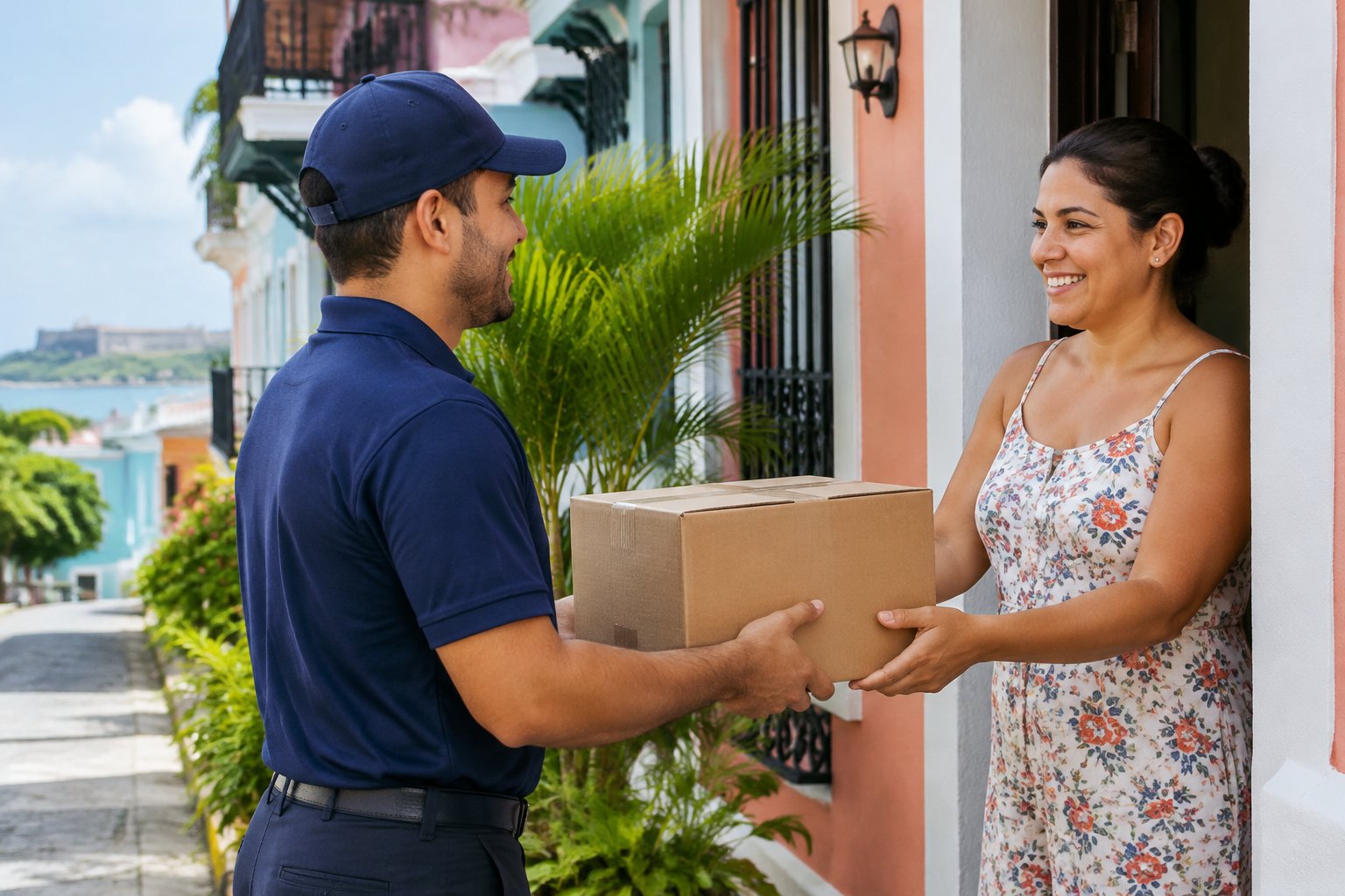 Un repartidor entrega un paquete a una residente frente a una casa en Puerto Rico.