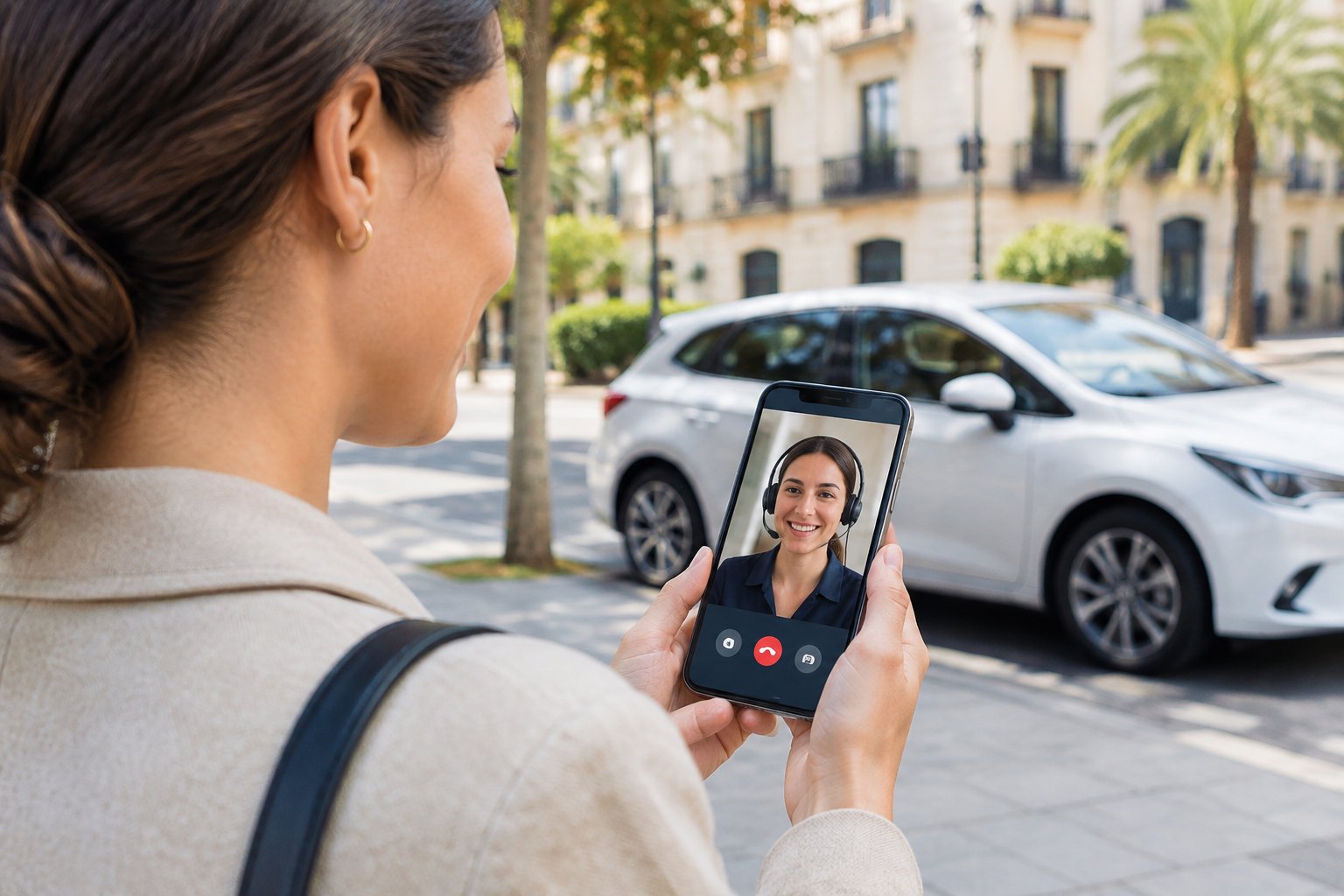 Una persona usa su teléfono para contactar con atención al cliente junto a un automóvil en una calle de España.
