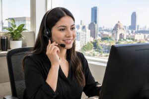 Una agente de atención al cliente habla por teléfono en una oficina moderna.