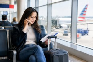 Una persona habla por teléfono en una sala de embarque de un aeropuerto.