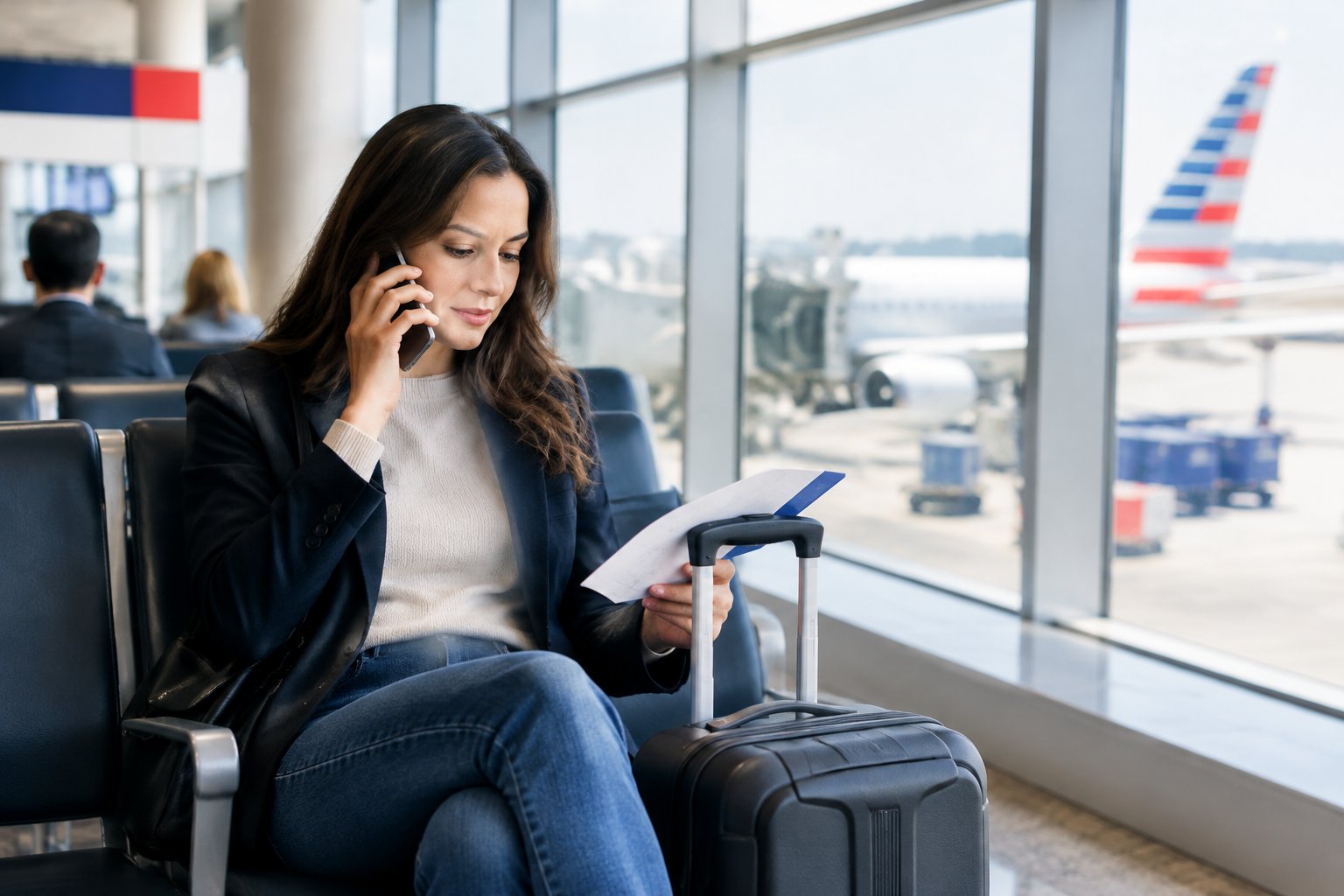 Una persona habla por teléfono en una sala de embarque de un aeropuerto.