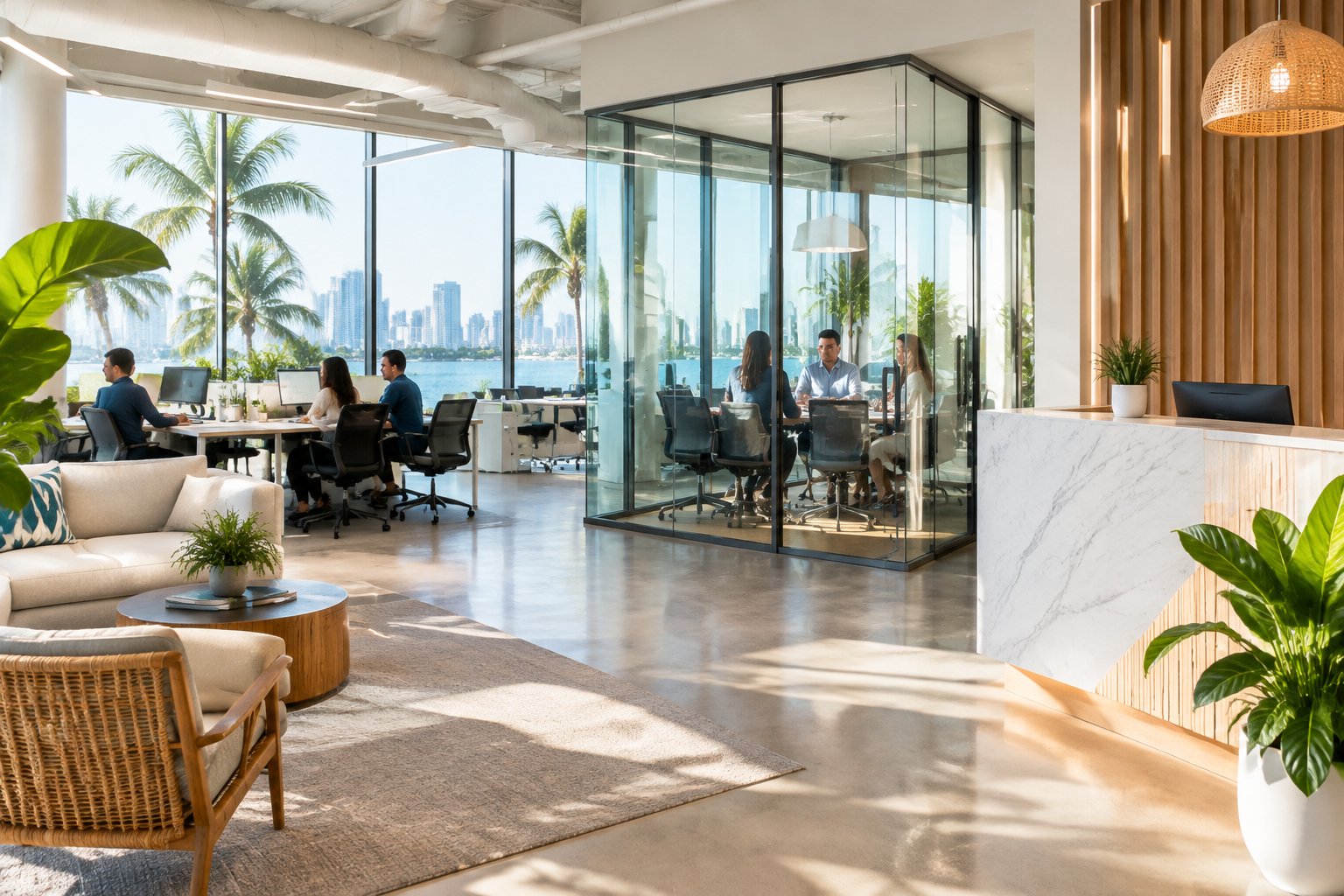 Personas trabajan juntas en una oficina moderna de Miami.