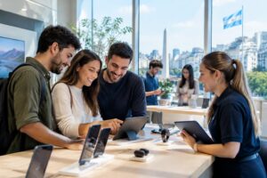 Un grupo de colegas trabaja con dispositivos electrónicos en un espacio moderno de Buenos Aires.