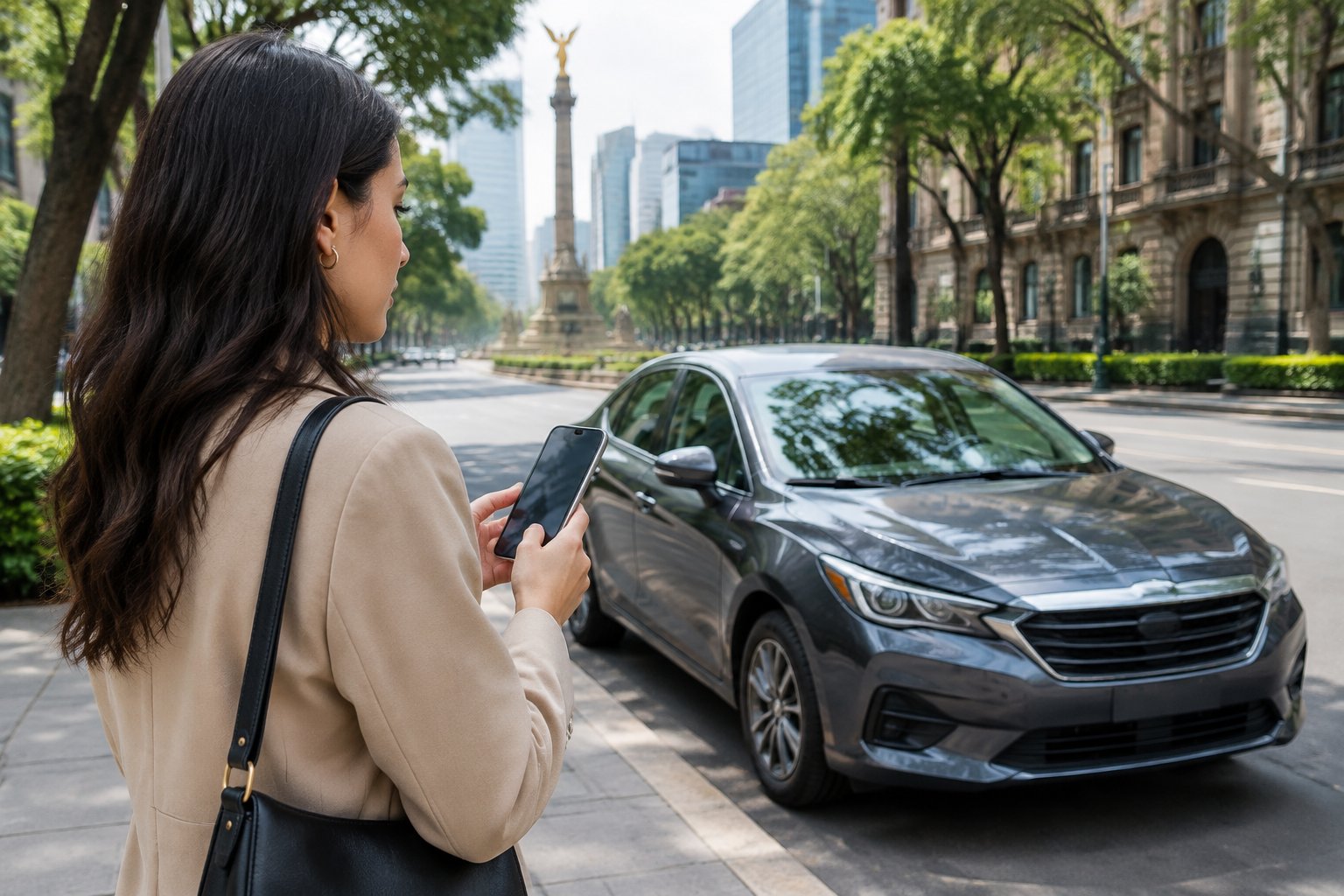 Una persona consulta su teléfono junto a un automóvil en una calle de Ciudad de México.
