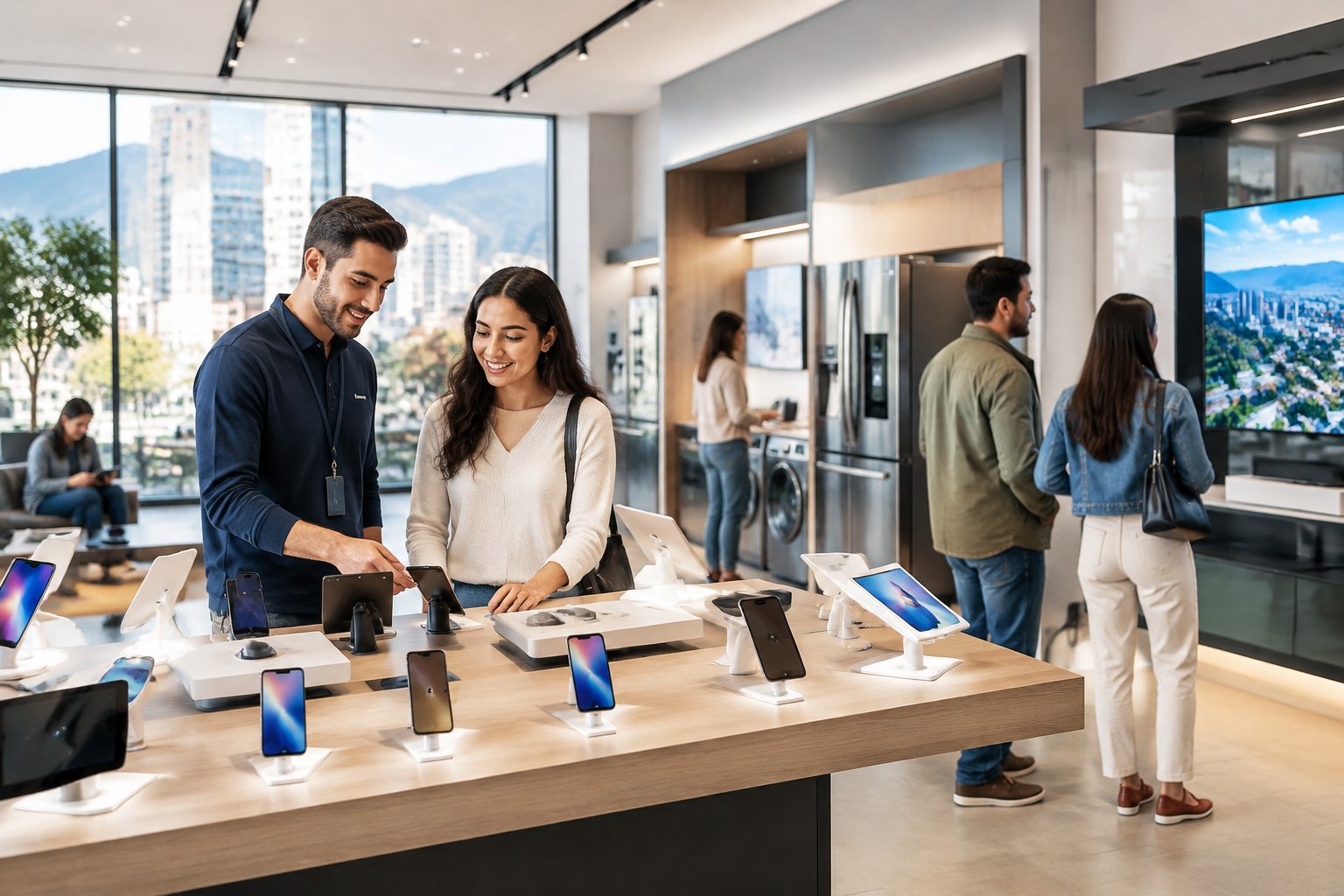 Clientes colombianos exploran productos electrónicos en una tienda moderna.