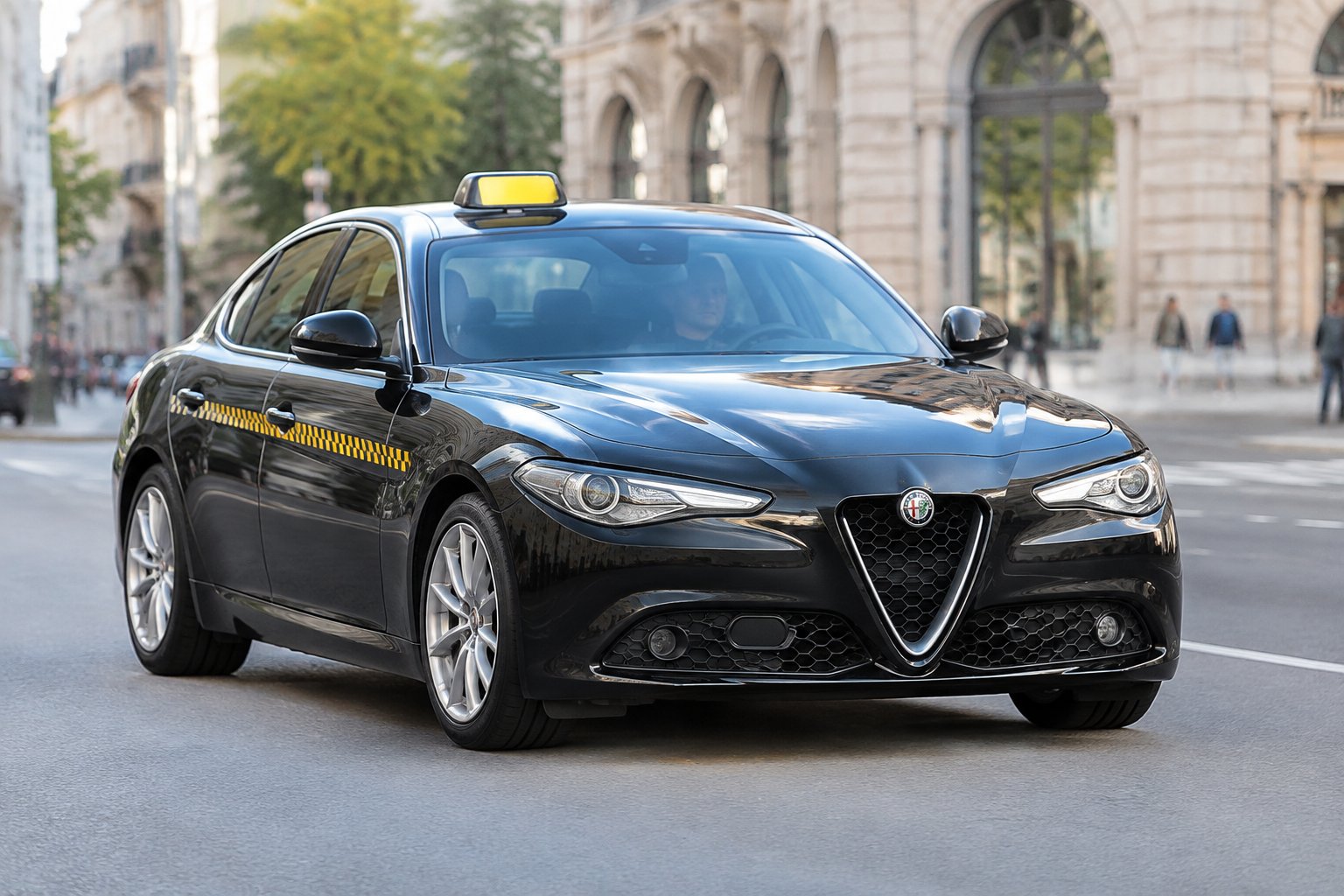Un taxi Alfa Romeo circula por una calle de la ciudad.