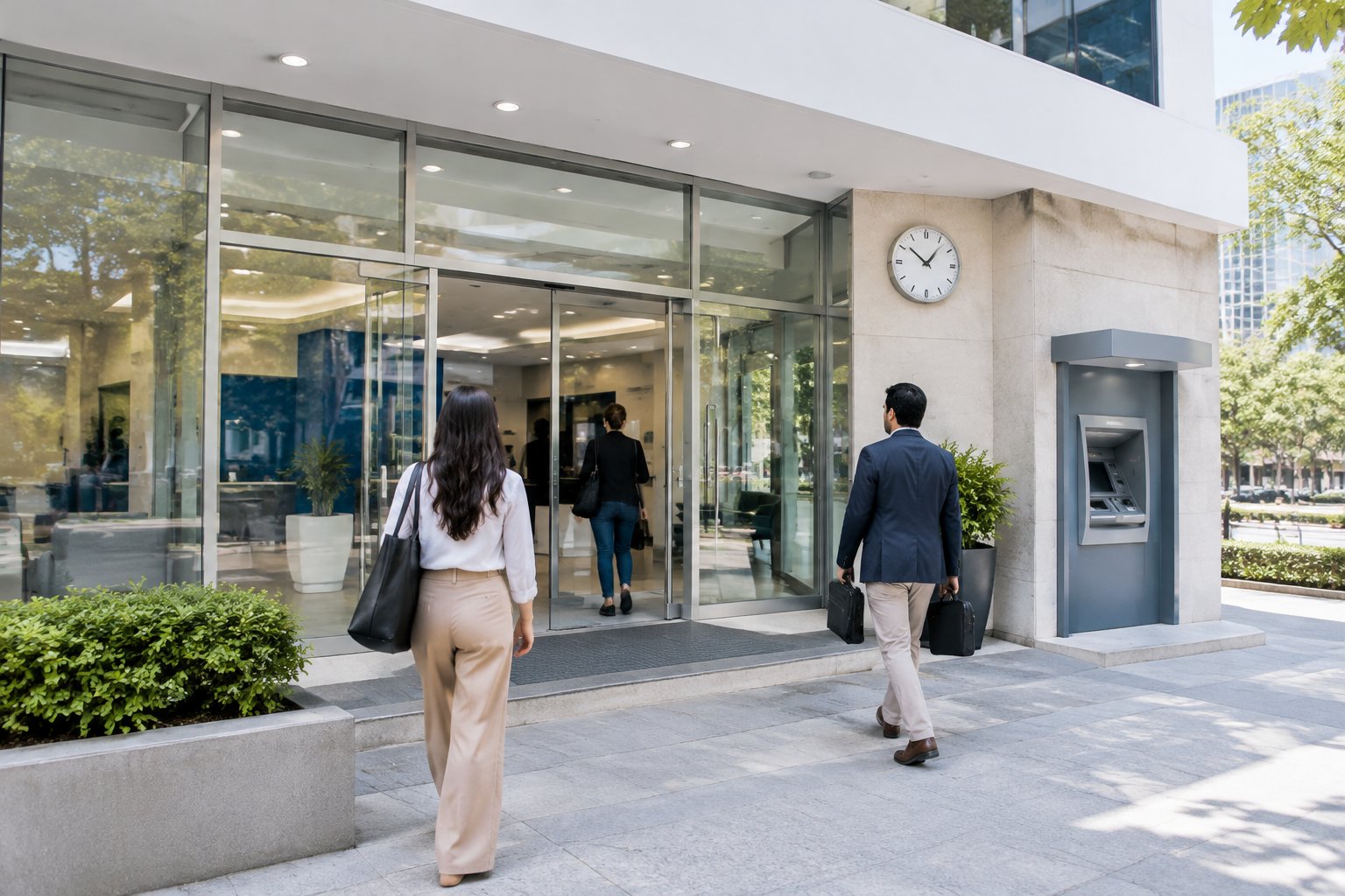 Personas se acercan a la entrada de una sucursal bancaria.
