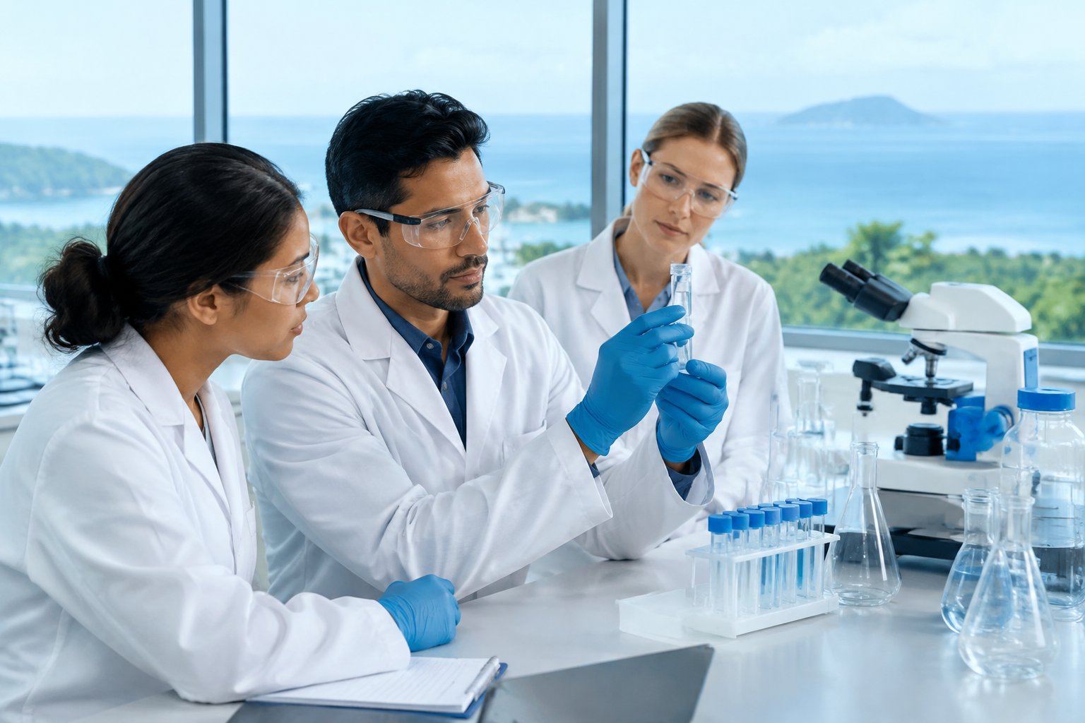 Un equipo de científicos trabaja con muestras en un laboratorio junto a ventanas con vistas al océano.