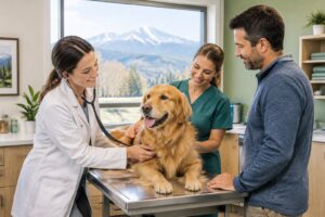 Una veterinaria examina a un perro mientras su dueño observa.