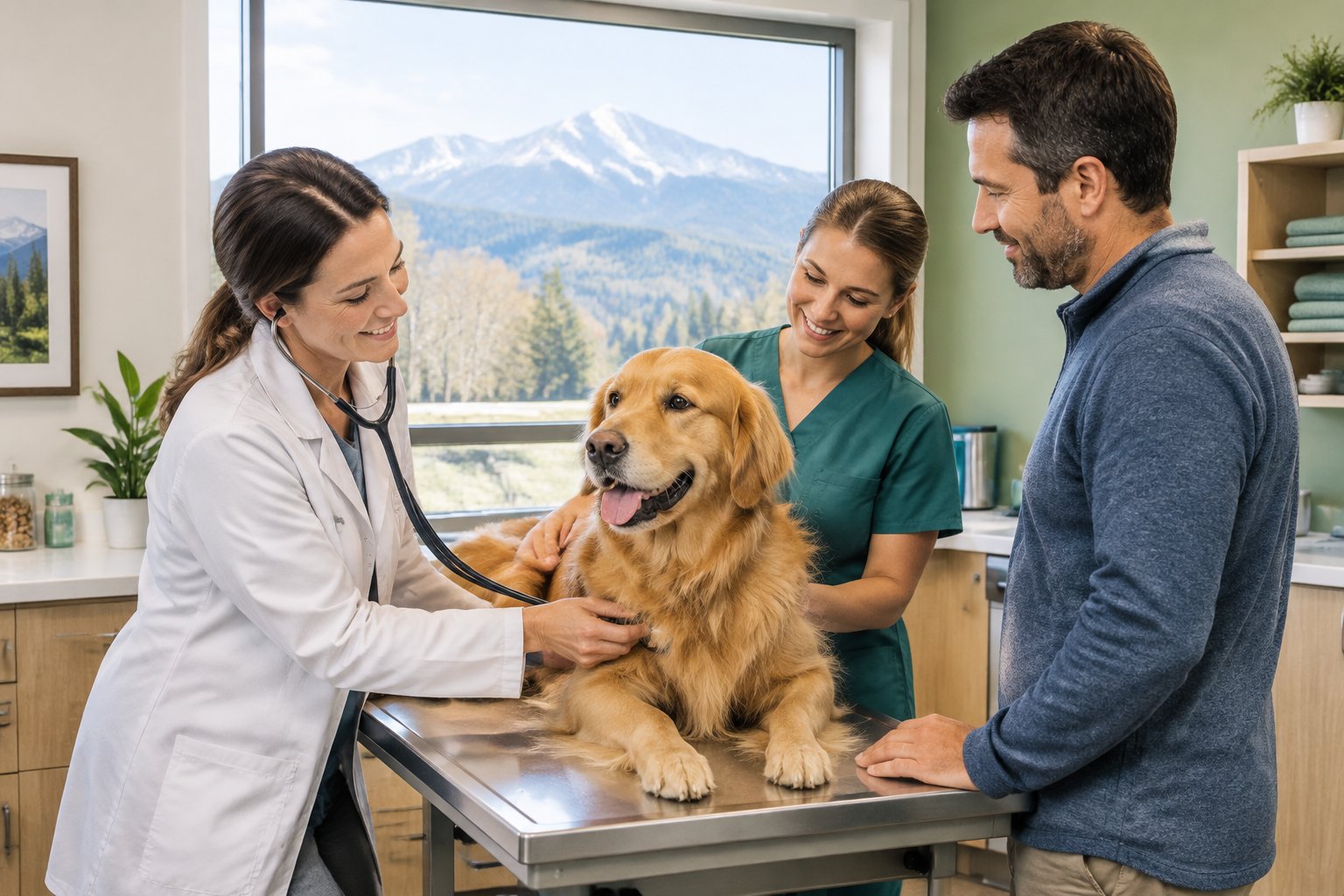 Una veterinaria examina a un perro mientras su dueño observa.