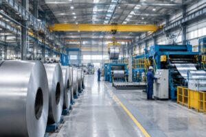 Trabajadores operan maquinaria junto a grandes bobinas de acero en una fábrica.