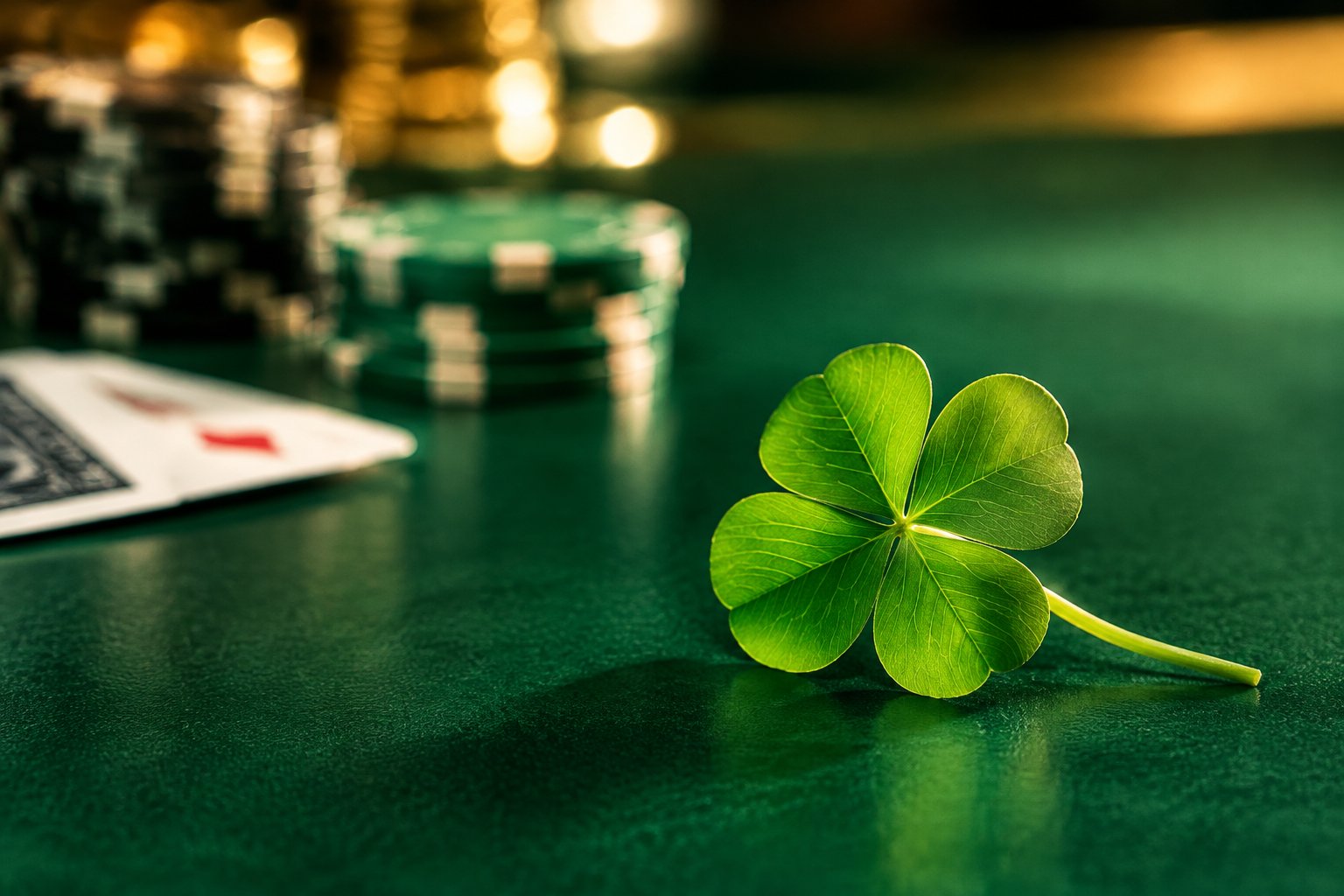 Un trébol de cuatro hojas sobre una mesa de casino con fichas y cartas al fondo.