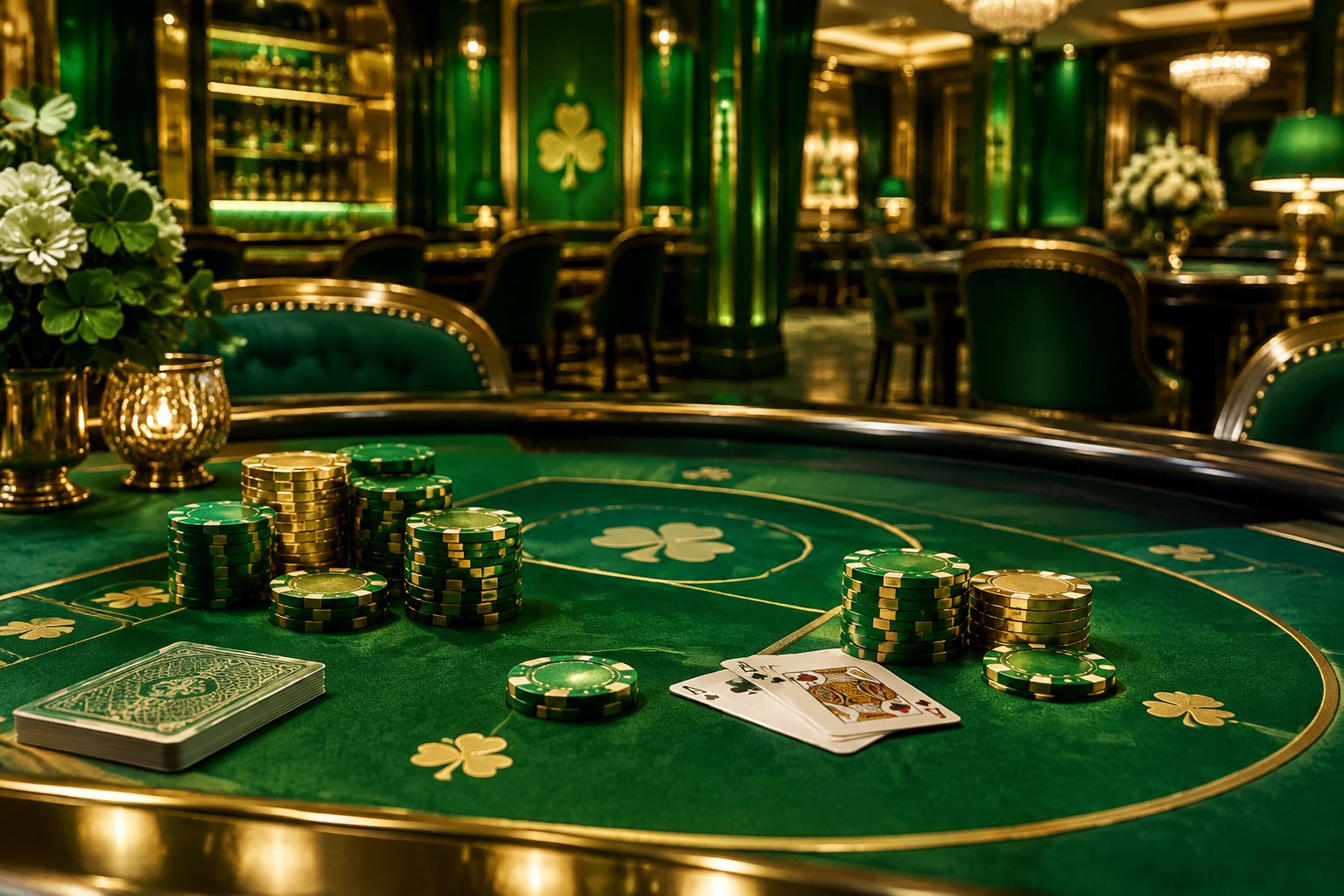 Una mesa de casino con fichas verdes y doradas y motivos de trébol.