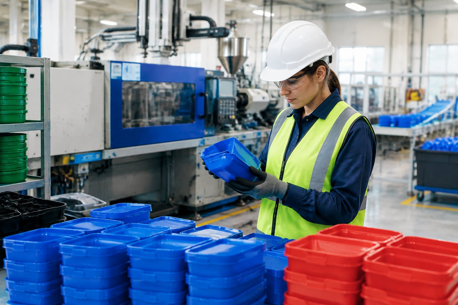 Una persona con equipo de seguridad inspecciona productos de plástico en una fábrica.
