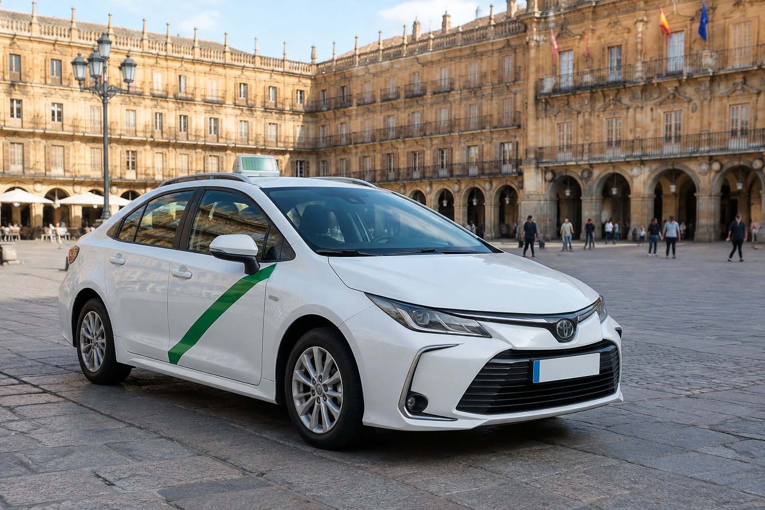 Un taxi blanco con una franja verde estacionado junto a la Plaza Mayor de Salamanca.