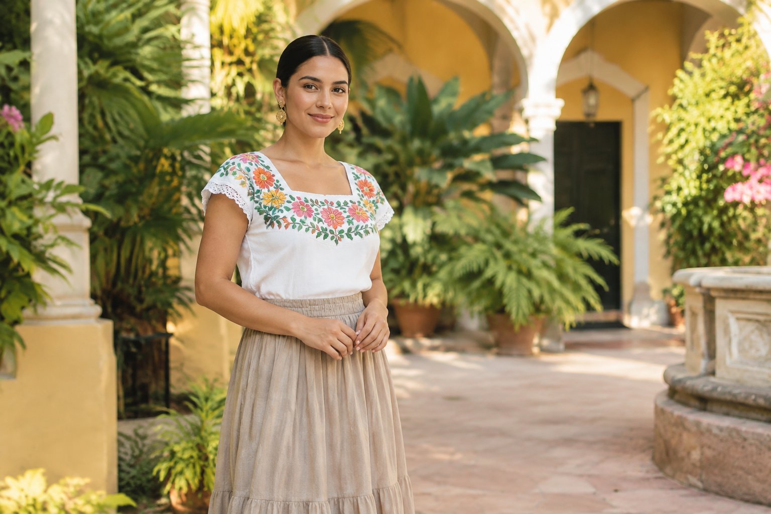 Una mujer posa en un patio colonial rodeado de vegetación.