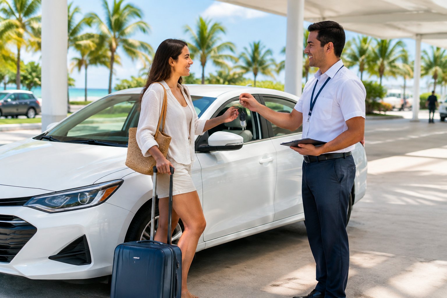 Una persona recoge un automóvil de alquiler junto a un agente en Cancún.